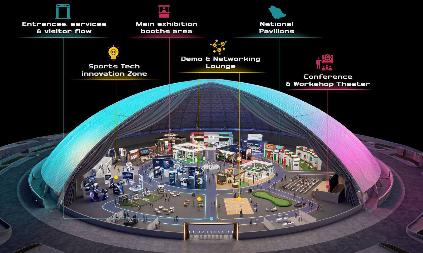 SPORTECH 2027 floor plan diagram showing booth grid, conference theater, sports tech arena, activity zones, VIP lounge, and entrances