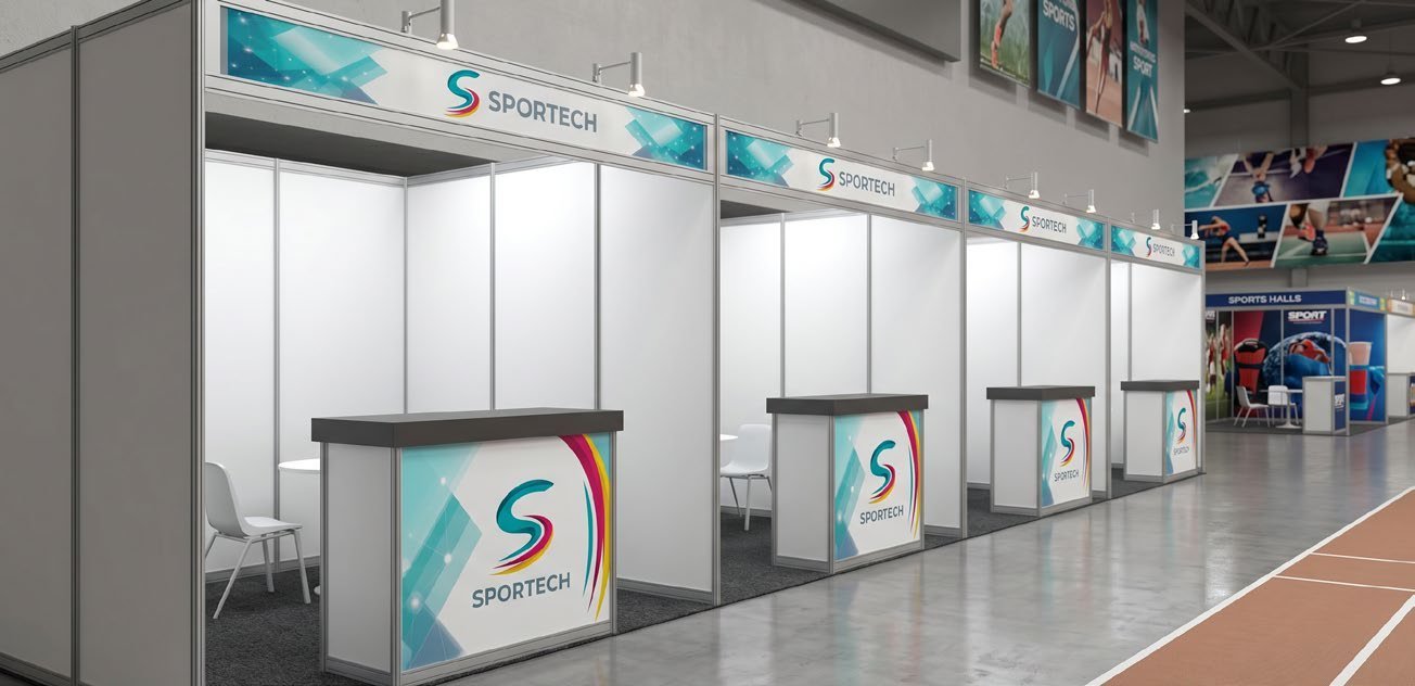Render of SPORTECH branded booth construction