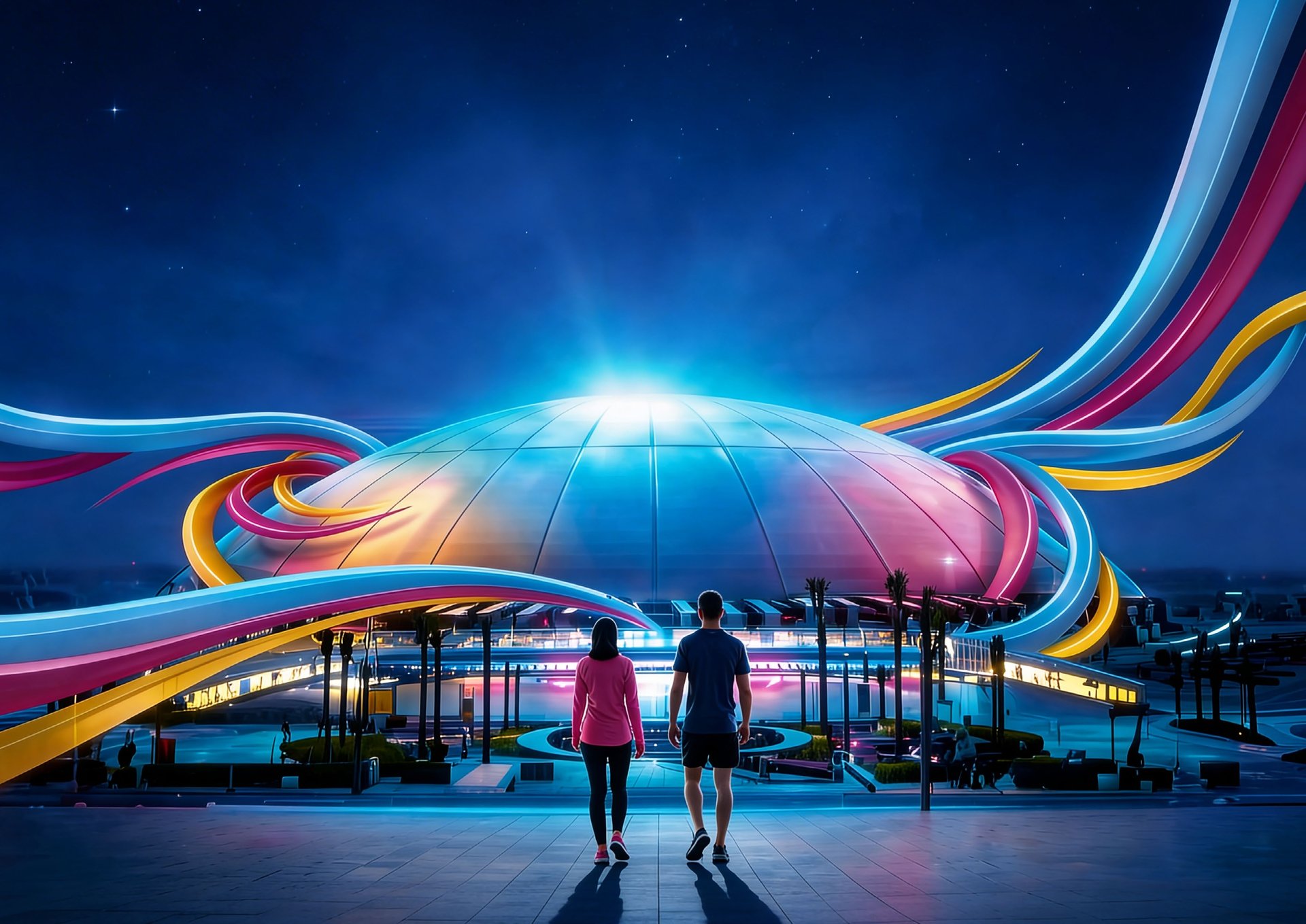 Jeddah Super Dome at night with flowing brand ribbons